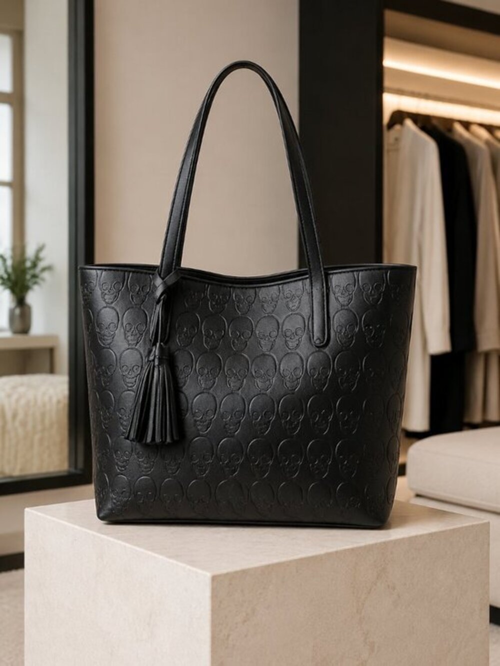 Black Skull Embossed Vegan Leather Shoulder Tote Goth Shopper Purse NWT
